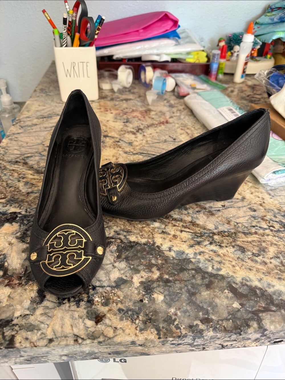 Tory Burch Black Leather Peep-Toe Wedges with Gold Logo